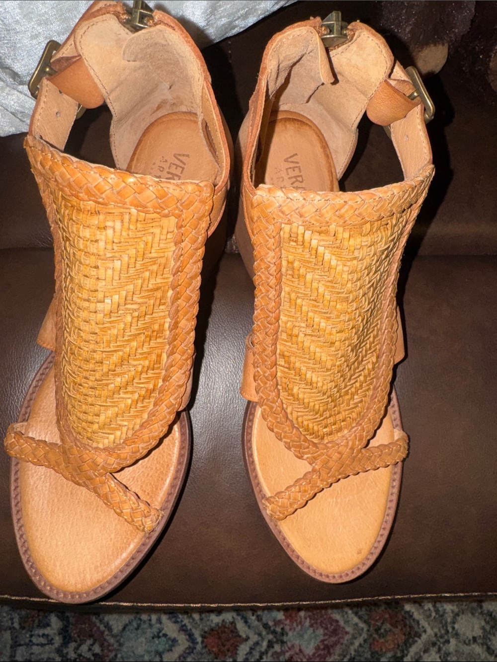 Braided Leather Tan Women's Sandals with Ankle Strap